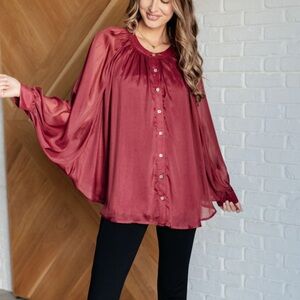 JODIFL Women’s Sz L  BAT SLEEVE BUTTON DOWN Wine Red Top NWOT
